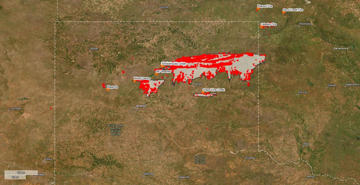 There are five wildfires currently burning across the Texas Panhandle. (Map via NASA and the USDA Forest Service)