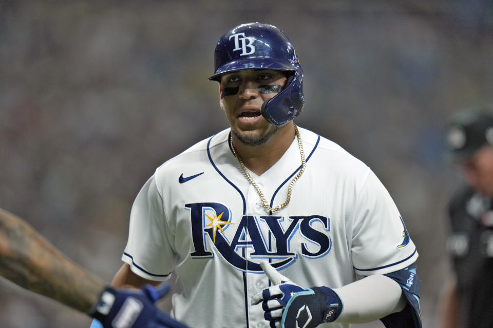 Tampa Bay Rays' Isaac Paredes reacts after his solo home run off New York Yankees starting pitcher Nestor Cortes during the first inning of a baseball game Tuesday, June 21, 2022, in St. Petersburg, Fla. (AP Photo/Chris O'Meara)