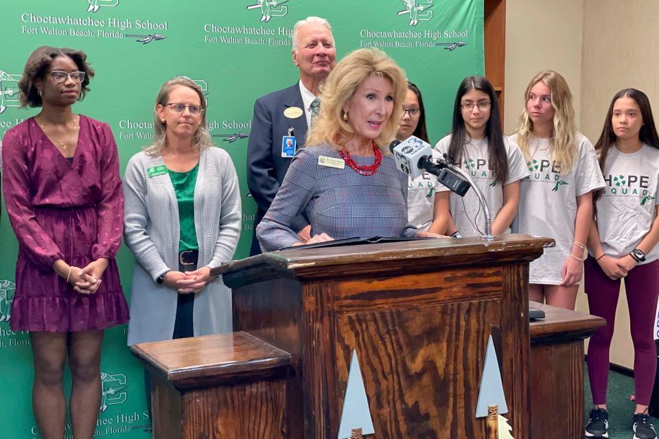 Okaloosa County School Board member Diane Kelley speaks at Choctawhatchee High School earlier this year. Kelley has decided to run for another term on the board.