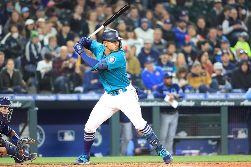 Julio Rodriguez #44 of the Seattle Mariners at bat against the Tampa Bay Rays during the fourth inning at T-Mobile Park on May 06, 2022 in Seattle, Washington.