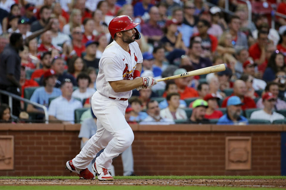 St. Louis Cardinals' Paul Goldschmidt watches his two-run single against the Chicago Cubs during the third inning of a baseball game Tuesday, Aug. 2, 2022, in St. Louis. (AP Photo / Scott Kane)