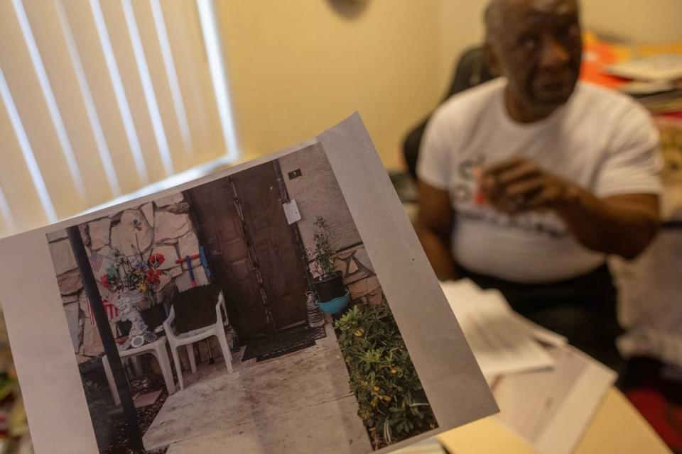 A photo attached to the eviction notice received by Paul Nickson shows lawn furniture, potted plants and a Jesus statue outside his front door. Nickson, a tenant at Glen Ellen Mutual Housing Community, shared the picture Wednesday while explaining how shocked he was to receive the notice.