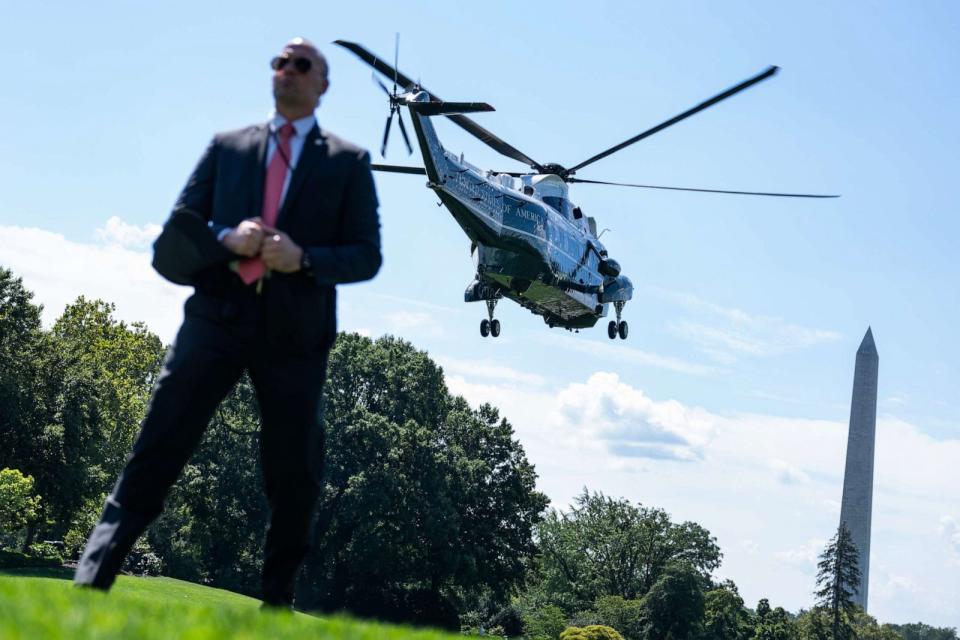 PHOTO: Marine One departs with President Joe Biden from the South Lawn on the White House for a trip to Scranton, Pa., Aug. 17, 2023. (Tom Williams/CQ-Roll Call via Getty Images)