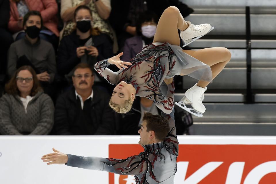 Alexa Knierim and Brandon Frazier perform in the pairs short program during the Grand Prix Skate America Series, Friday, Oct. 21, 2022, in Norwood, Mass. (AP Photo/Michael Dwyer)