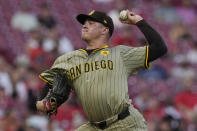 San Diego Padres pitcher Adrian Morejon throws to a Cincinnati Reds batter during the fourth inning of a baseball game Tuesday, May 21, 2024, in Cincinnati. (AP Photo/Carolyn Kaster)