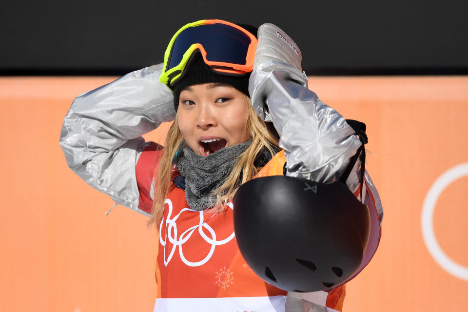 <p>Chloe Kim of the United States reacts to her first run score during the Snowboard Ladies’ Halfpipe Final on day four of the PyeongChang 2018 Winter Olympic Games at Phoenix Snow Park on February 13, 2018 in Pyeongchang-gun, South Korea. (Photo by David Ramos/Getty Images) </p>