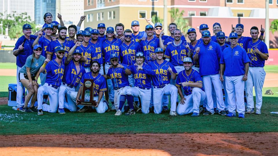 The Rollins College Tars and former BNL star Austin Long (front row, third from right) celebrate after winning the NCAA Division II South Super Regional.