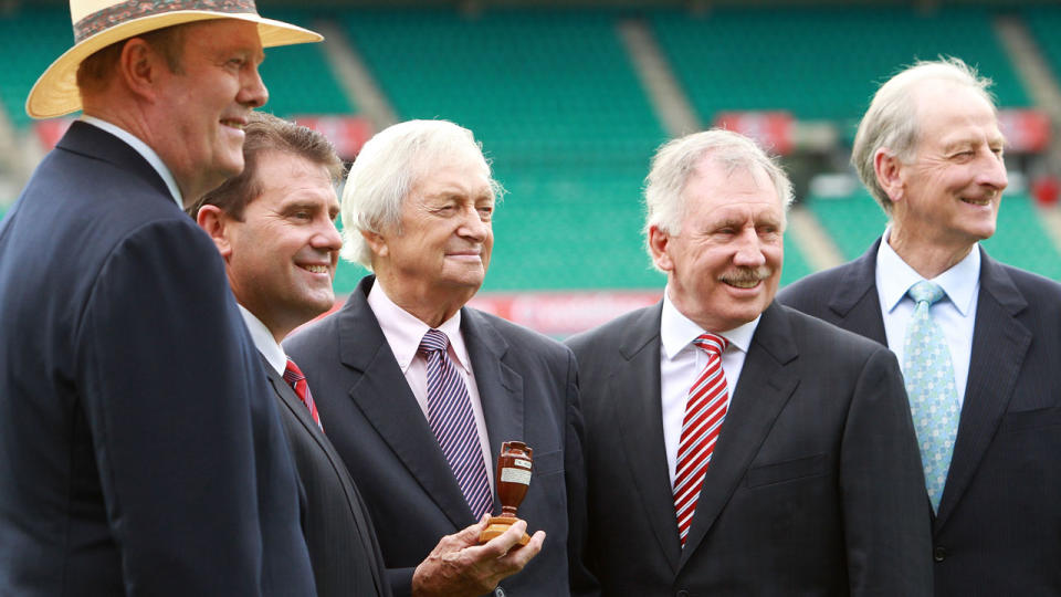 Tony Greig, Mark Taylor, Richie Benaud, Ian Chappell and Bill Lawry pictured before the 2010-11 Ashes series. Pic: Getty