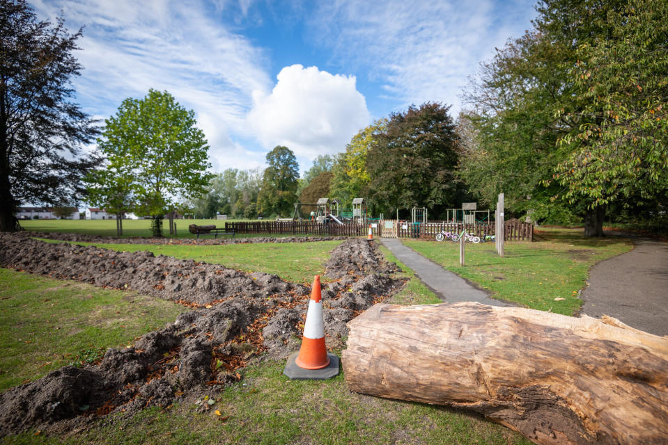 Large tree trunks have been placed to block the route into the playing fields (Picture: SWNS)