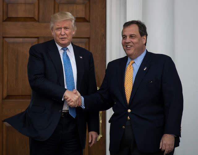 BEDMINSTER TOWNSHIP, NJ – NOVEMBER 20: (L to R) President-elect Donald Trump and New Jersey Governor Chris Christie shake hands before their meeting at Trump International Golf Club, November 20, 2016 in Bedminster Township, New Jersey. Trump and his transition team are in the process of filling cabinet and other high level positions for the new administration. (Photo by Drew Angerer/Getty Images)