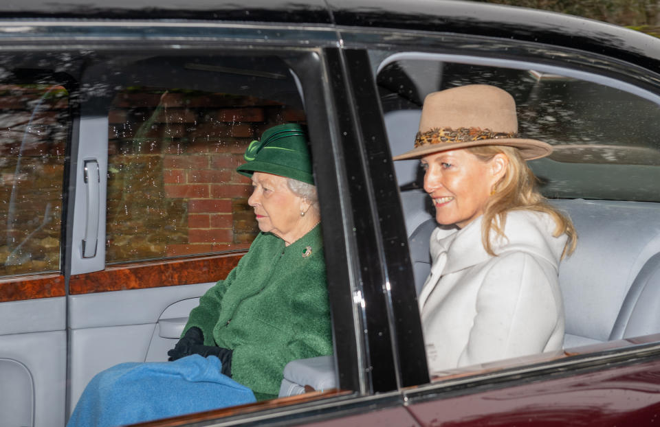 Queen Elizabeth II and The Countess of Wessex leave after attending a church service at St Mary Magdalene Church in Sandringham, Norfolk.