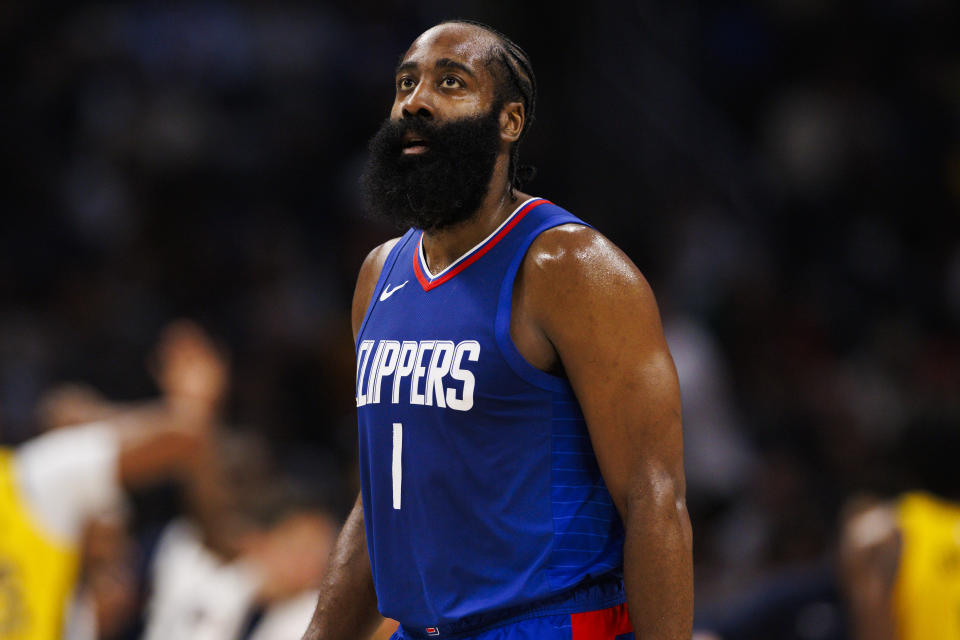 LOS ANGELES, CA - MARCH 25: LA Clippers guard James Harden (1) during an NBA basketball game against the Indiana Pacers on March 25, 2024 at Crypto.com Arena in Los Angeles, CA. (Photo by Ric Tapia/Icon Sportswire via Getty Images)