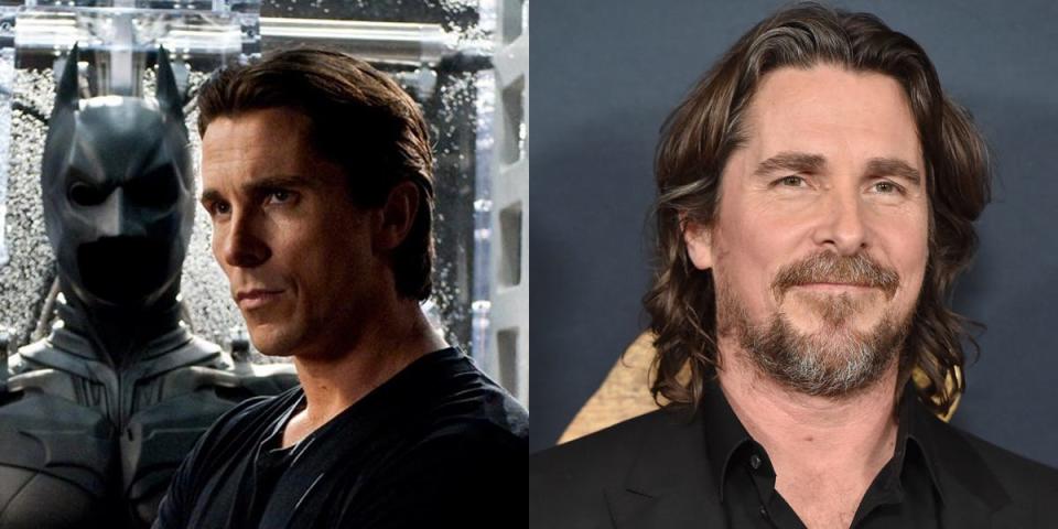 Christian Bale as Bruce Wayne/Batman in "The Dark Knight" standing by a Batman costume and Christian Bale now.