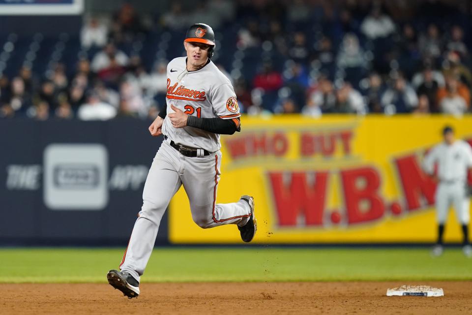 Baltimore Orioles' Austin Hays runs the bases after hitting a three-run home run during the eighth inning of a baseball game against the New York Yankees, Tuesday, April 26, 2022, in New York. (AP Photo/Frank Franklin II)