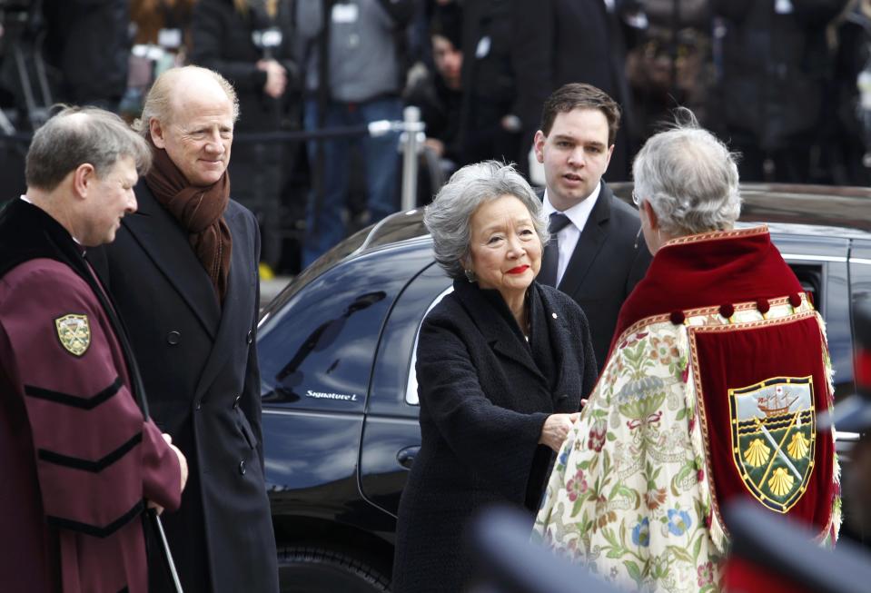 Canada's former Governor General Adrienne Clarkson and her husband John Ralston Saul arrive for the state funeral of Canada's former finance minister Jim Flaherty in Toronto