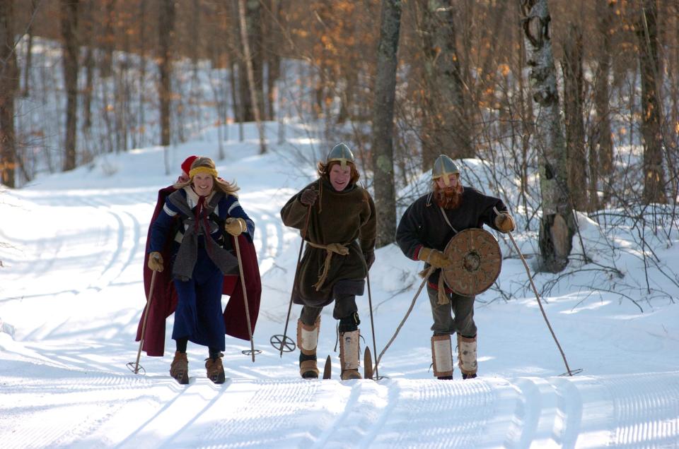 Jocie Nelson skiing the Birkie in 2019, dressed up as Inga, with her family.