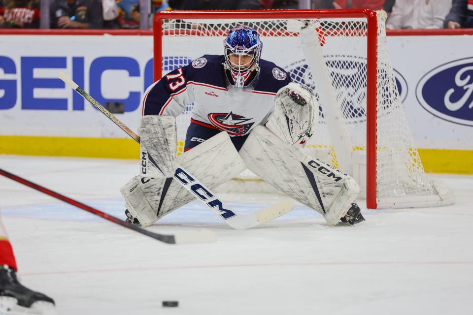 Apr 11, 2024; Sunrise, Florida, USA; Columbus Blue Jackets goaltender Jet Greaves (73) defends hit net against the Florida Panthers during the second period at Amerant Bank Arena. Mandatory Credit: Sam Navarro-USA TODAY Sports