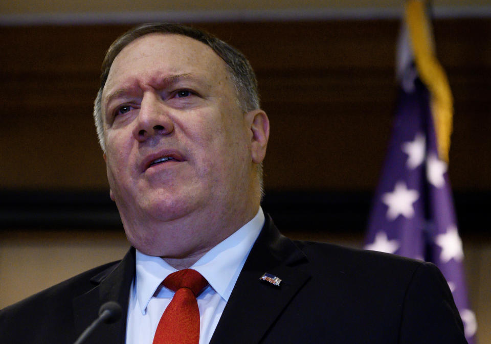 U.S. Secretary of State Mike Pompeo takes part in a joint press conference with Ethiopian Foreign Minister Gedu Andargachew at the Sheraton Hotel, in Addis Ababa, Ethiopia, Tuesday Feb. 18, 2020. America’s top diplomat in his final Africa stop has discussed political reforms with Ethiopia’s Nobel Peace Prize-winning prime minister, and Ethiopia says the U.S. plans to provide “substantial financial support.” (Andrew Caballero-Reynolds/Pool Photo via AP)