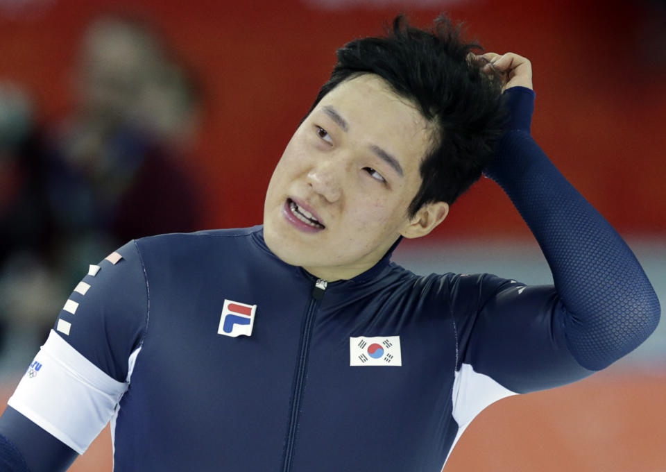 South Korea's Mo Tae-bum reacts after competing in the second heat of the men's 500-meter speedskating race at the Adler Arena Skating Center at the 2014 Winter Olympics, Monday, Feb. 10, 2014, in Sochi, Russia.(AP Photo/Matt Dunham)