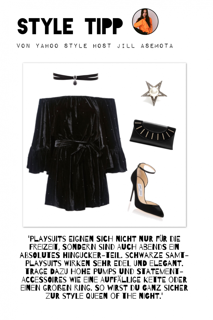 Style Tipp 4 (Offshoulder-Playsuit aus Samt von C/MEO rund 240 EUR, Choker aus Leder von Fallon rund 100 EUR, Pumps von Jimmy Chor rund 450 EUR, Leder Clutch von Diane von Fürstenberg rund 100 EUR, Perlen-Ring in Stern-Form von Miu Miu rund 210 EUR)