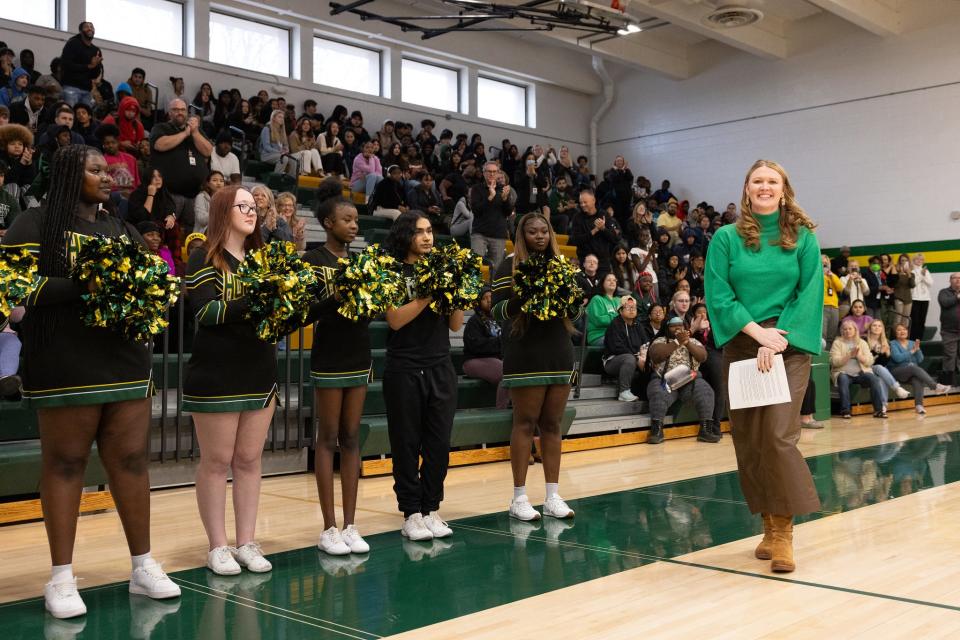 Hoover teacher Ann Mincks is honored at a pep rally at Hoover High School as she was named the 2024 Iowa Teacher of the Year on Monday, Dec. 4, 2023.
