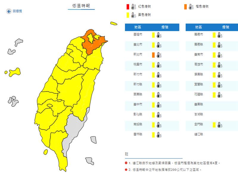 氣象局發布低溫特報。（圖／翻攝自中央氣象局）