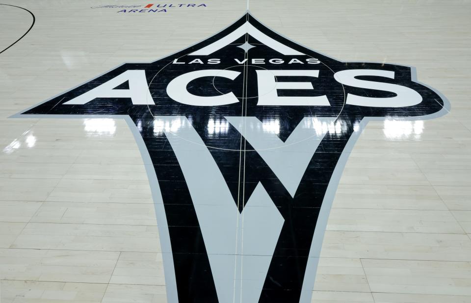A Las Vegas Aces logo is shown on center court after the team's 89-82 victory over the Los Angeles Sparks on Saturday.