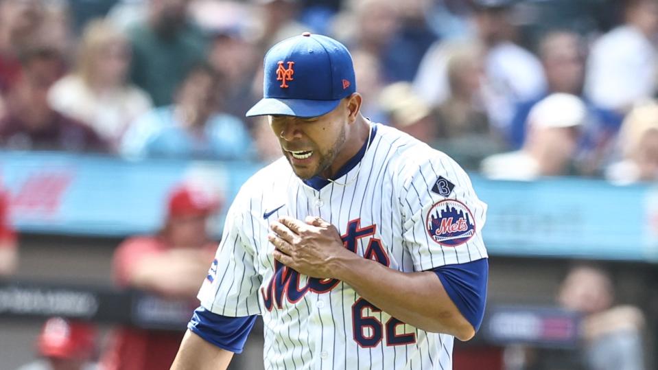 Apr 28, 2024; New York City, New York, USA; New York Mets starting pitcher Jose Quintana (62) celebrates after retiring the side in the seventh inning against the St. Louis Cardinals at Citi Field. Mandatory Credit: Wendell Cruz-USA TODAY Sports