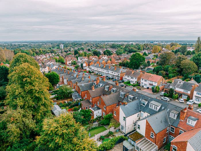 Aerial view of a suburban neighborhood with rows of houses and greenery