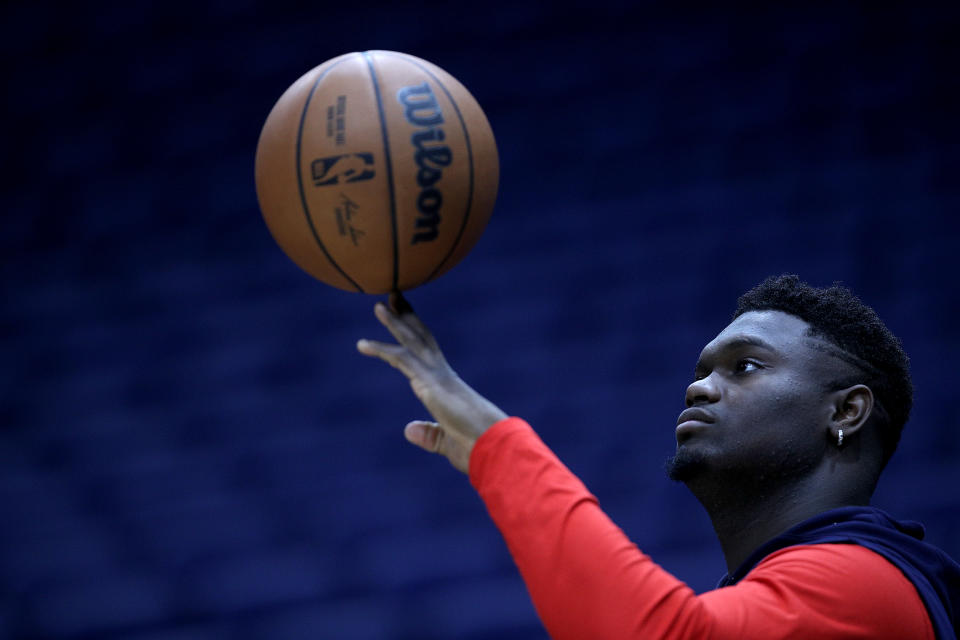 NEW ORLEANS, LOUISIANA - NOVEMBER 13: Zion Williamson #1 of the New Orleans Pelicans stands on the court prior to the start of a NBA game against the Memphis Grizzlies at Smoothie King Center on November 13, 2021 in New Orleans, Louisiana. NOTE TO USER: User expressly acknowledges and agrees that, by downloading and or using this photograph, User is consenting to the terms and conditions of the Getty Images License Agreement. (Photo by Sean Gardner/Getty Images)