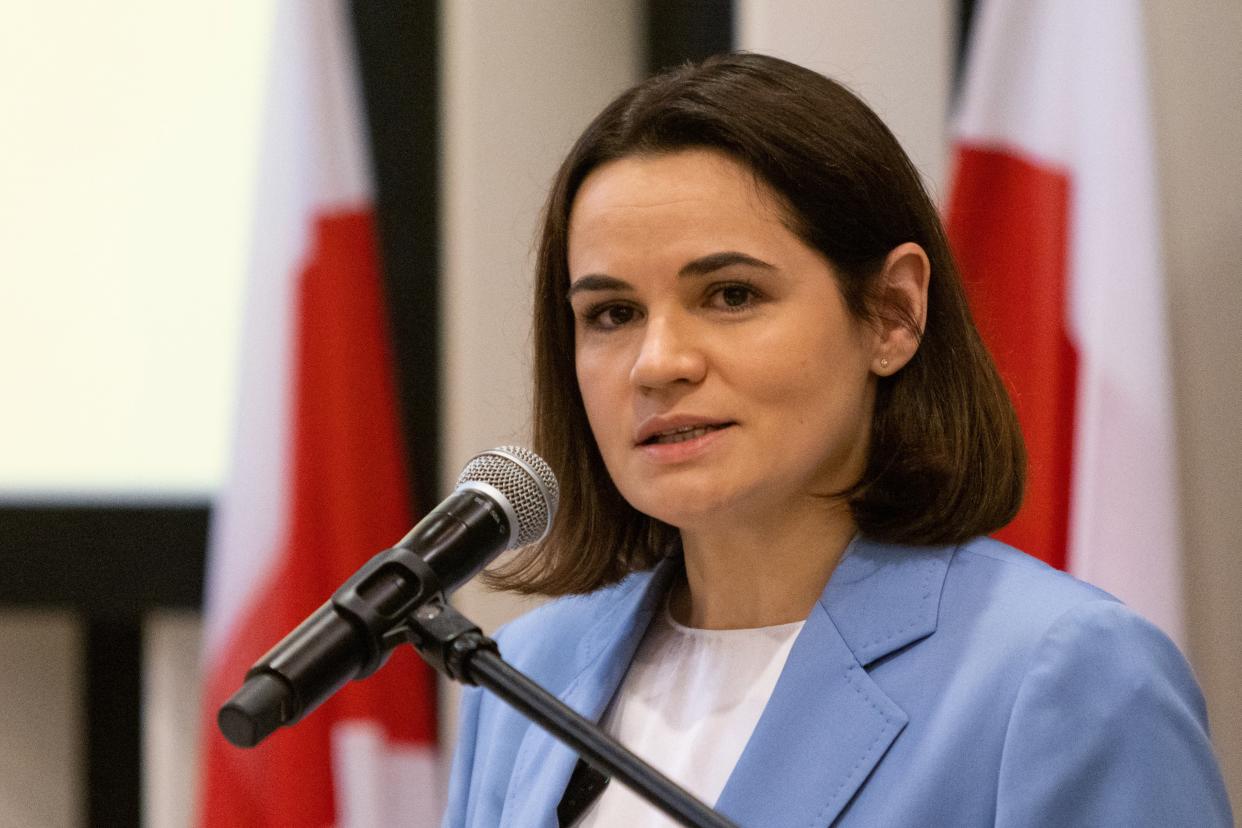 Belarus' exiled opposition leader Sviatlana Tsikhanouskaya gives an opening speech during the New Belarus conference in Warsaw (REUTERS)