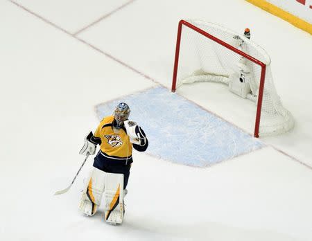 May 22, 2017; Nashville, TN, USA; Nashville Predators goalie Pekka Rinne (35) celebrates after a 6-3 win against the Anaheim Ducks in game six of the Western Conference Final of the 2017 Stanley Cup Playoffs at Bridgestone Arena. Mandatory Credit: Christopher Hanewinckel-USA TODAY Sports