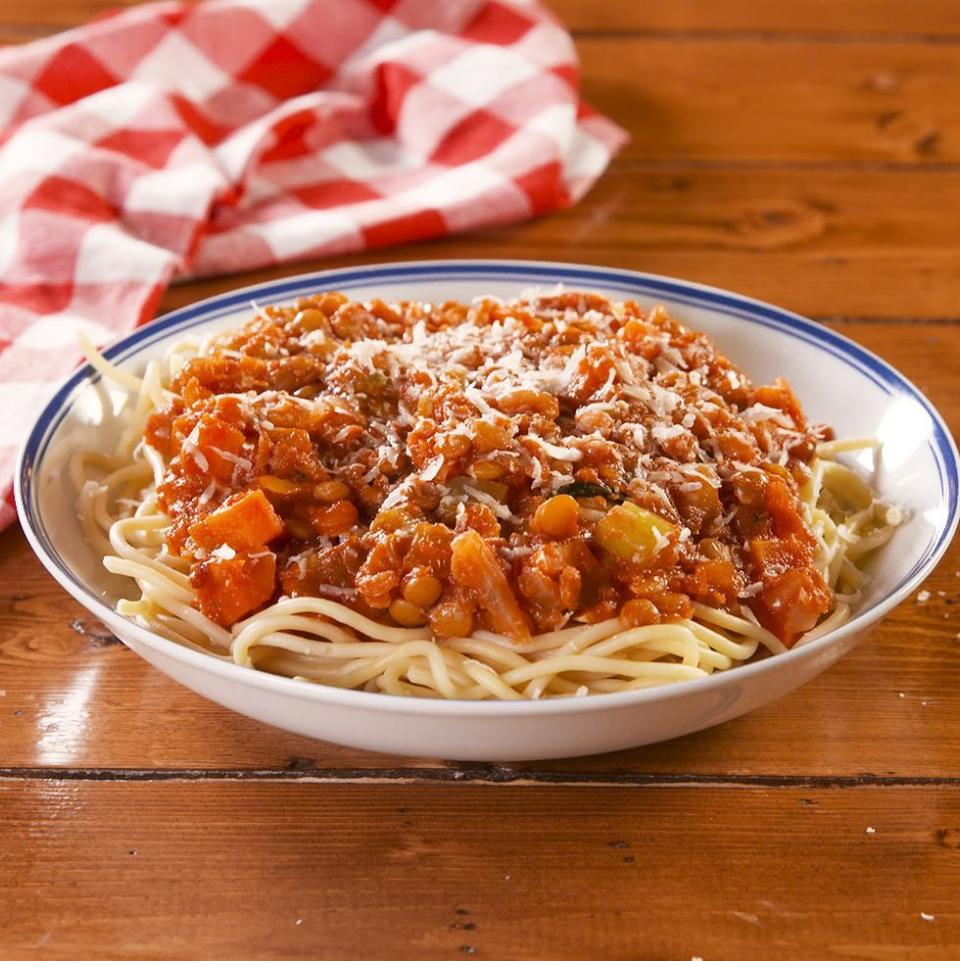 <p>A <a href="https://www.delish.com/uk/cooking/recipes/a29755014/bolognese-sauce-recipe/" rel="nofollow noopener" target="_blank" data-ylk="slk:hearty bolognese;elm:context_link;itc:0;sec:content-canvas" class="link ">hearty bolognese</a> doesn't have to include any meat. This vegetarian bolognese is full of lentils that makes it every bit as filling. Serve it over your favourite pasta and enjoy a dinner worth dreaming of. </p><p>Get the <a href="https://www.delish.com/uk/cooking/recipes/a30193209/lentil-bolognese-recipe/" rel="nofollow noopener" target="_blank" data-ylk="slk:Lentil Bolognese;elm:context_link;itc:0;sec:content-canvas" class="link ">Lentil Bolognese</a> recipe.</p>