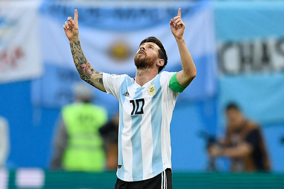 Argentina’s Lionel Messi scored his first goal of the World Cup in a win-or-go-home match against Nigeria. (Getty)