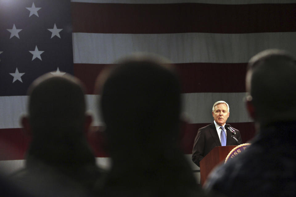 Navy Secretary Ray Mabus addresses sailors and Marines aboard the LHD Bataan at Norfolk Naval Station in Norfolk, Va., on Monday, March 5, 2012, during an "all hands" call that was televised and streamed live worldwide. Mabus outlined new initiatives in five areas, including responsible use of alcohol and reducing sexual assaults and suicides. (AP Photo/Virginian-Pilot, Vicki Cronis-Nohe) MAGS OUT