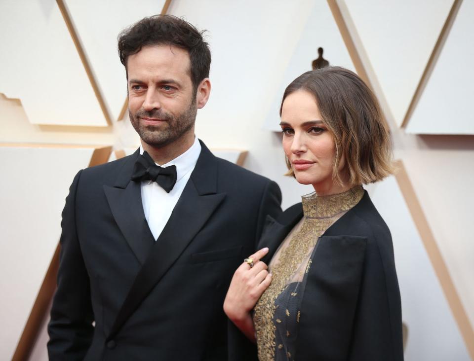 Benjamin Millepied L and Natalie Portman arrive for the red carpet of the 92nd Academy Awards at the Dolby Theater in Los Angeles, the United States, on Feb. 9, 2020