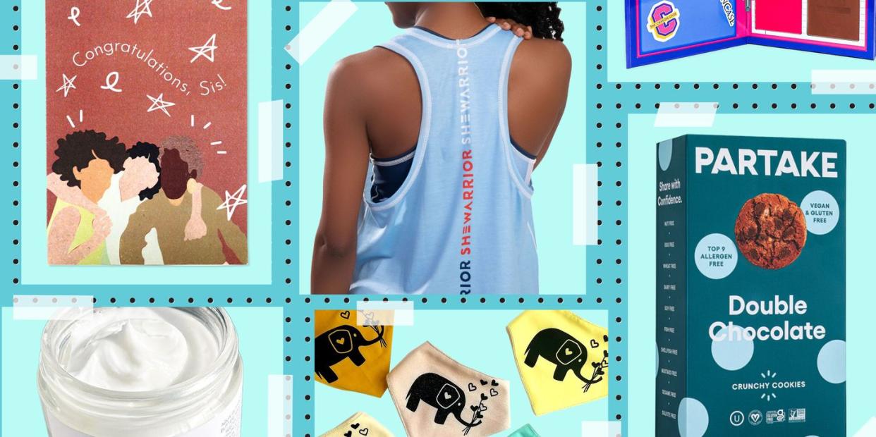 congratulations sis greeting card, she warrior tank top, makeup palette, partake cookies, elephant bib, body cream