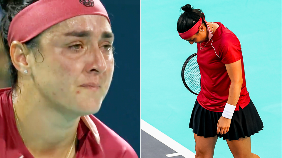 Ons Jabeur (pictured) has revealed she broke down in tears during her Abu Dhabi Open loss as she is still struggles with a knee injury. (Images: @WTA/Getty Images)