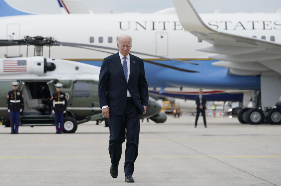 U.S. President Joe Biden walks on the tarmac prior to boarding Air Force One at Munich International Airport in Munich, Germany, Tuesday, June 28, 2022. Biden is departing Germany after having attended the Group of Seven summit and is on his way to Spain to attend a NATO summit. (AP Photo/Susan Walsh)