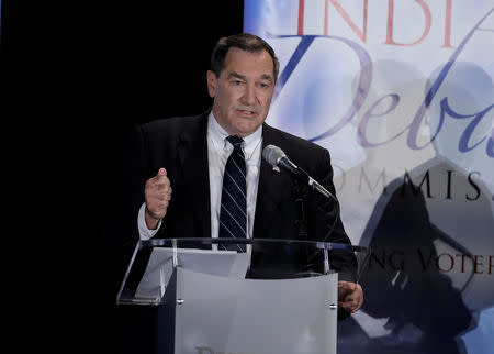 Democratic U.S. Sen. Joe Donnelly speaks during a U.S. Senate Debate against Libertarian Lucy Brenton and Republican former state Rep. Mike Braun, in Westville, Indiana, U.S., October 8, 2018. Darron Cummings/Pool via REUTERS