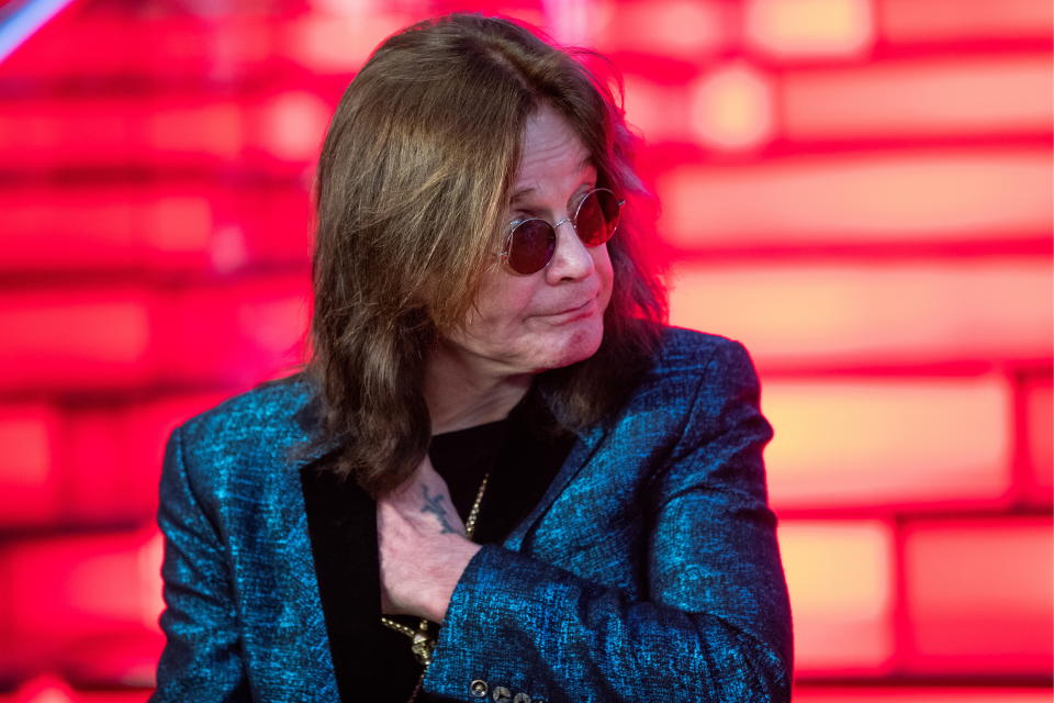 Lead singer of the heavy metal band Black Sabbath, British musician Ozzy Osbourne during a ceremony to sign his personalised star at the Moscow Walk of Fame at the Vegas Crocus City shopping and leisure centre in the town of Krasnogorsk. Sergei Bobylev/TASS (Photo by Sergei Bobylev\TASS via Getty Images)