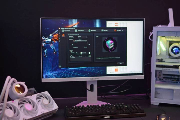 The Gigabyte M27W gaming monitor in white showcased at Computex 2024.