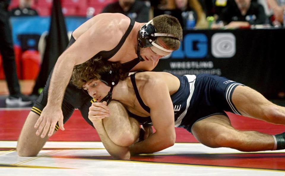 Penn State’s Levi Haines controls Iowa’s Jared Franek in a 157 lb semifinal bout of the Big Ten Wresting Championships at the Xfinity Center at the University of Maryland on Saturday, March 9, 2024.