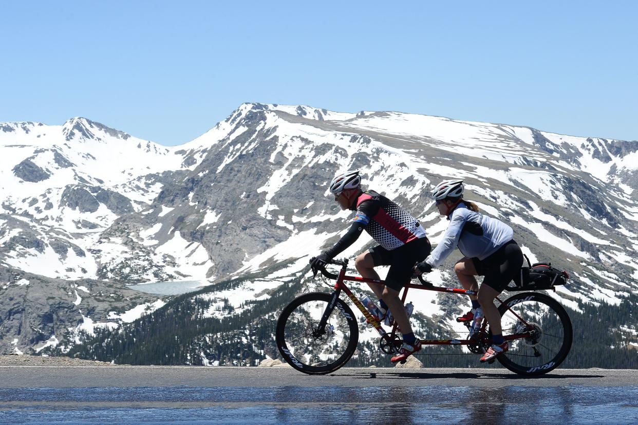 Cyclists ride Trail Ridge Road in Rocky Mountain National Park during the 2016 Ride the Rockies event.