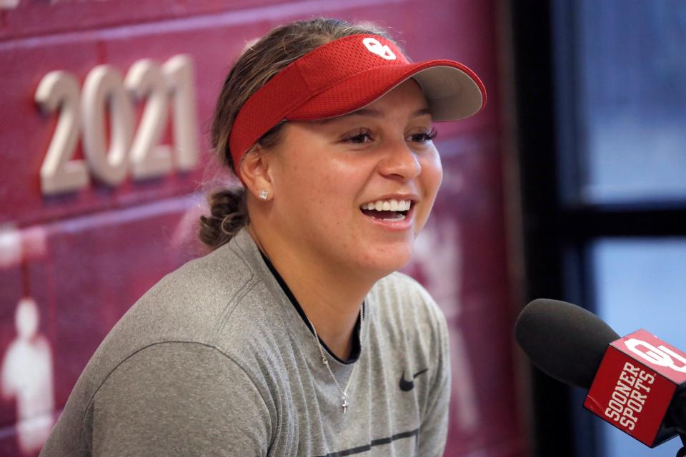 Oklahoma softball player Jayda Coleman speaks during an OU press conference at the University of Oklahoma, Monday, Feb. 6, 2023.