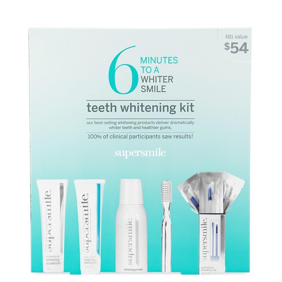 <p><a href="https://go.redirectingat.com?id=74968X1596630&url=https%3A%2F%2Fwww.saksfifthavenue.com%2Fproduct%2Fsupersmile-6-minutes-to-a-whiter-smile-5-piece-teeth-whitening-kit-0400011807768.html&sref=https%3A%2F%2Fwww.cosmopolitan.com%2Fstyle-beauty%2Fbeauty%2Fg44723746%2Fbest-teeth-whitening-kits%2F" rel="nofollow noopener" target="_blank" data-ylk="slk:Shop Now;elm:context_link;itc:0;sec:content-canvas" class="link ">Shop Now</a></p><p>6 Minutes To A Whiter Smile 5-Piece Teeth Whitening Kit</p><p>saksfifthavenue.com</p><p>$62.00</p><span class="copyright">Saks Fifth Avenue</span>