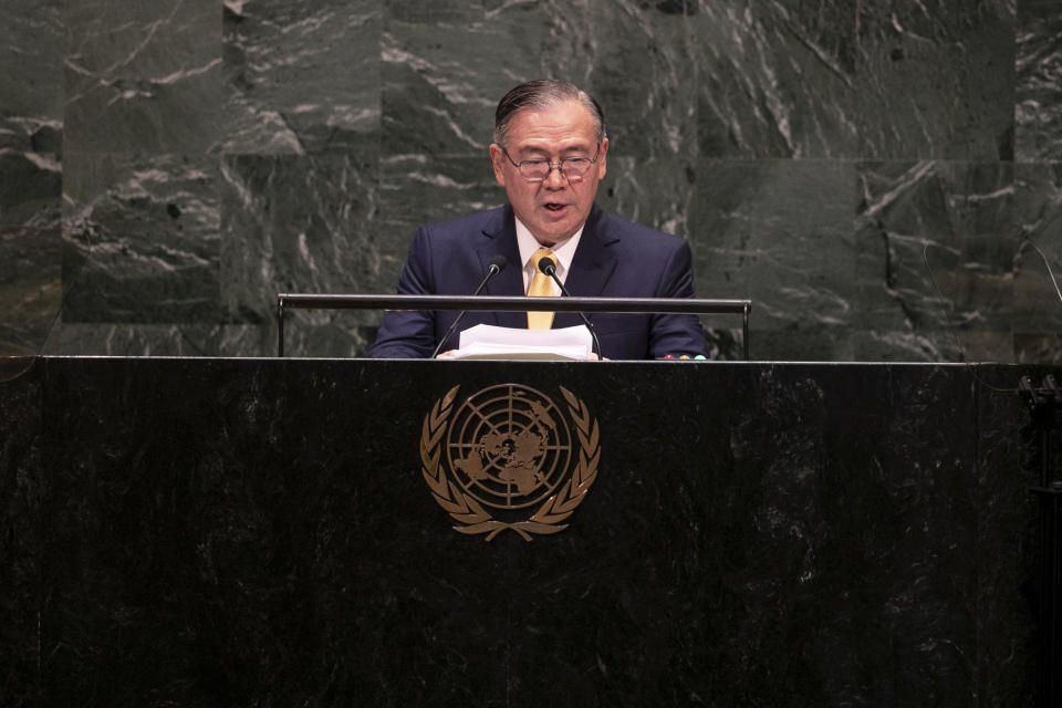 Philippines' Foreign Secretary Teodoro Locsin Jr. addresses the 74th session of the United Nations General Assembly at the U.N. headquarters Saturday, Sept. 28, 2019. (AP Photo/Jeenah Moon)