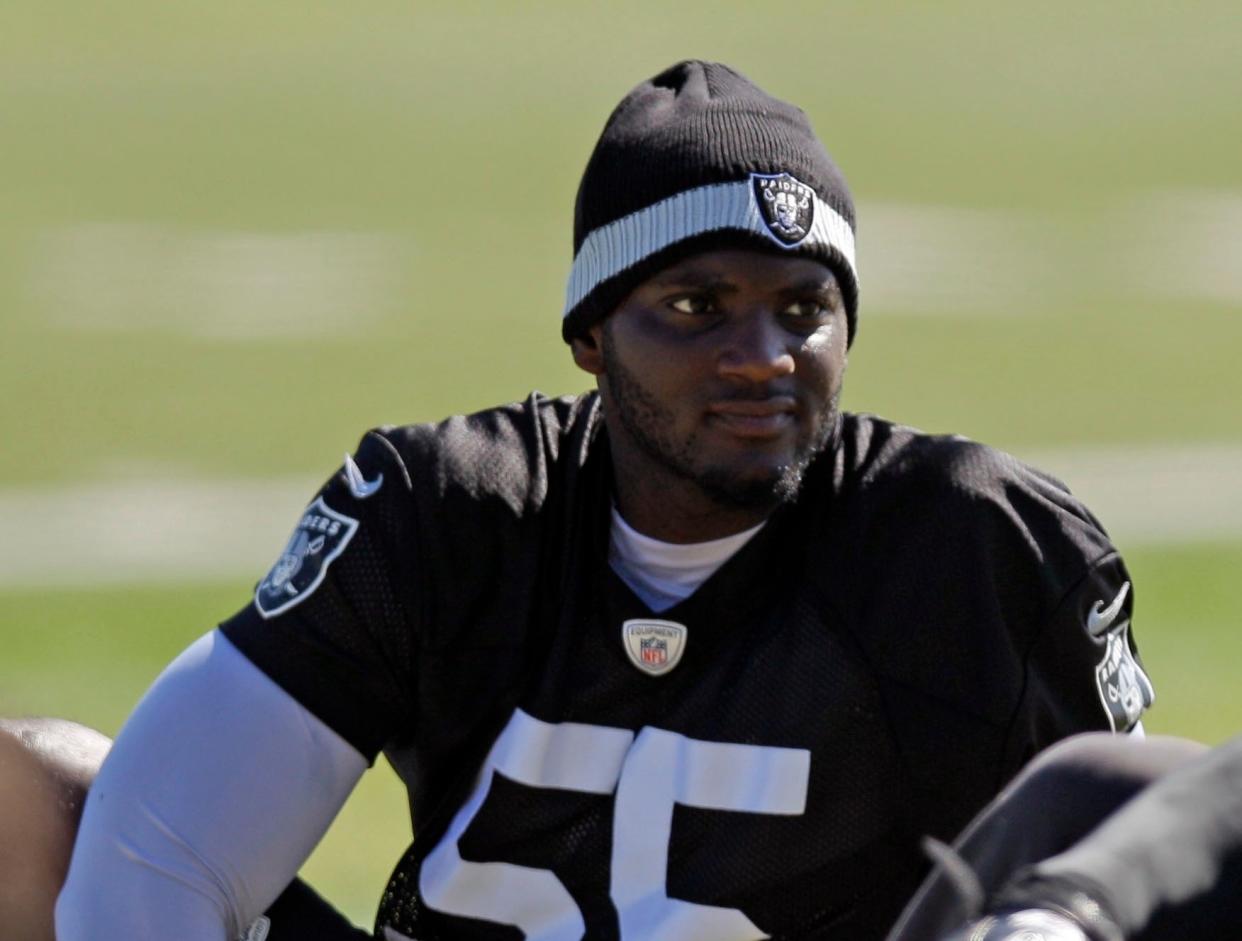 Mandatory Credit: Photo by Marcio Jose Sanchez/AP/Shutterstock (6022679d)Rolando McClain Oakland Raiders linebacker Rolando McClain goes through drills during NFL football practice in Alameda, CalifRaiders Football, Alameda, USA.