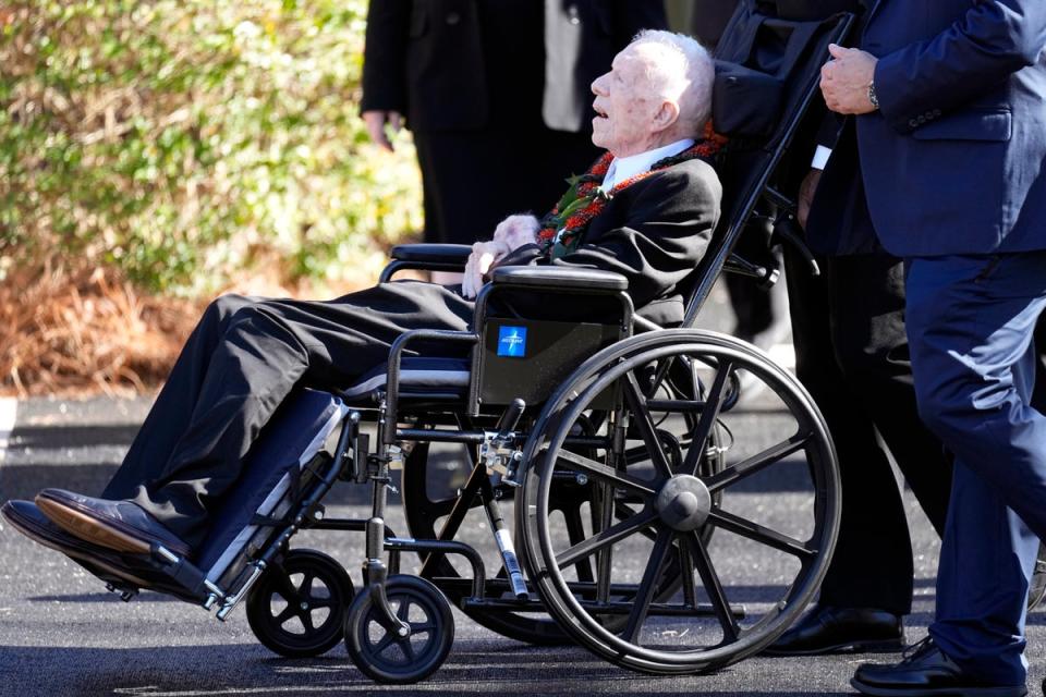 Former President Jimmy Carter departs after attending the funeral service for his wife, former first lady Rosalynn Carter, at Maranatha Baptist Church, in Plains, Georgia on 29 November 2023 (Copyright 2023 The Associated Press. All rights reserved.)