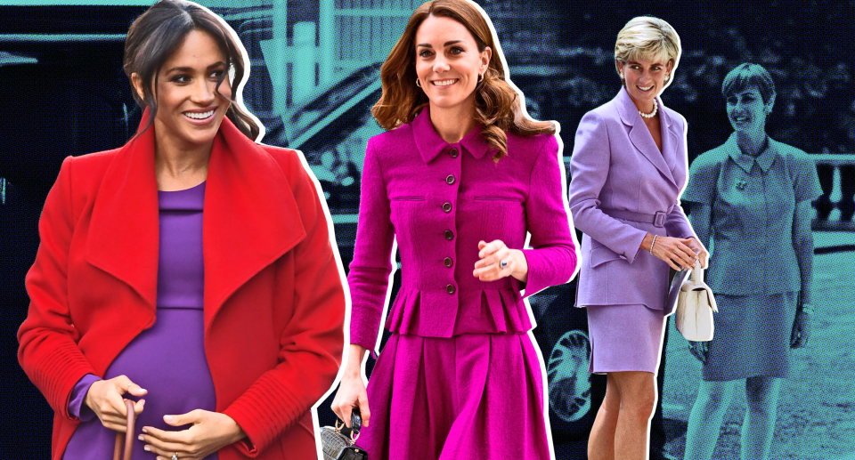 The royals, from Meghan Markle to Kate Middleton and Princess Diana, love to wear violet. (Photo: Getty, Art: Yahoo Lifestyle photo-illustration)